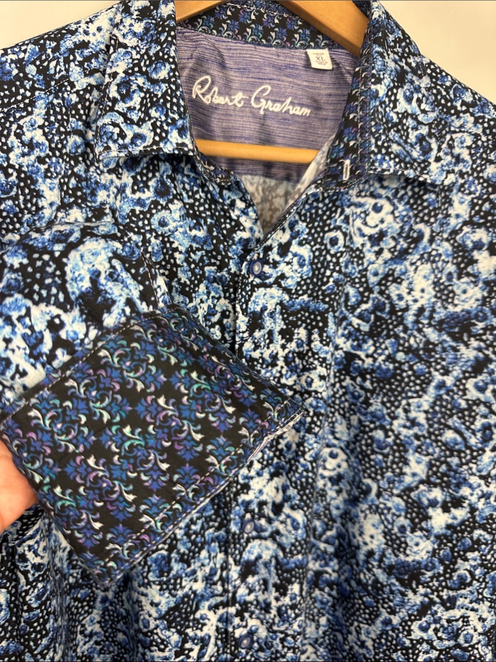 Robert Graham Blue Abstract Button Down Shirt Contrasting Cuffs Sz XL
